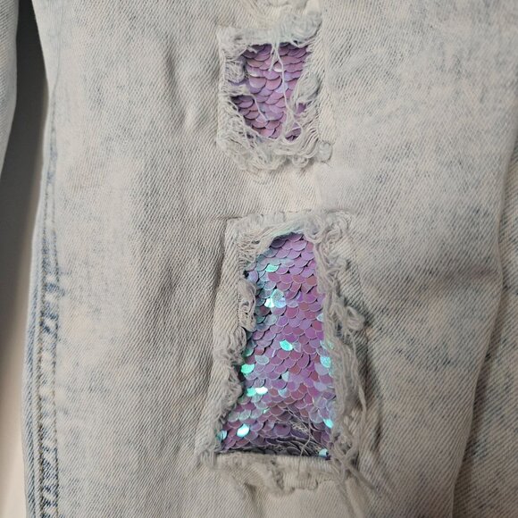 Justice Light Wash Distressed Mermaidcore sequin patch strait leg jeans size 8 - Picture 6 of 12